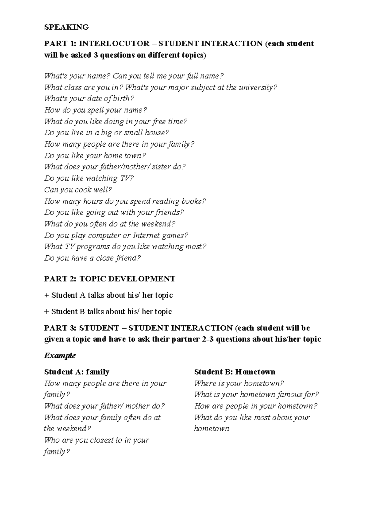 Speaking TA1 - vcff - SPEAKING PART 1: INTERLOCUTOR – STUDENT ...