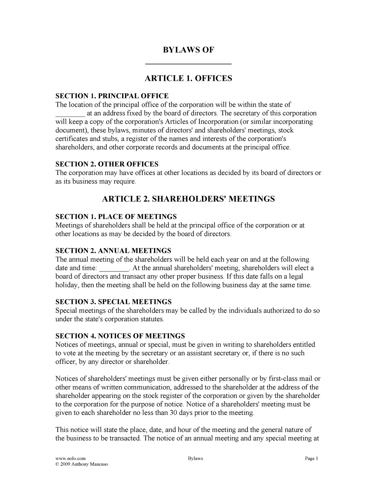 Bylaws - Bylaw - Nolo Bylaws Page 1 BYLAWS OF ...