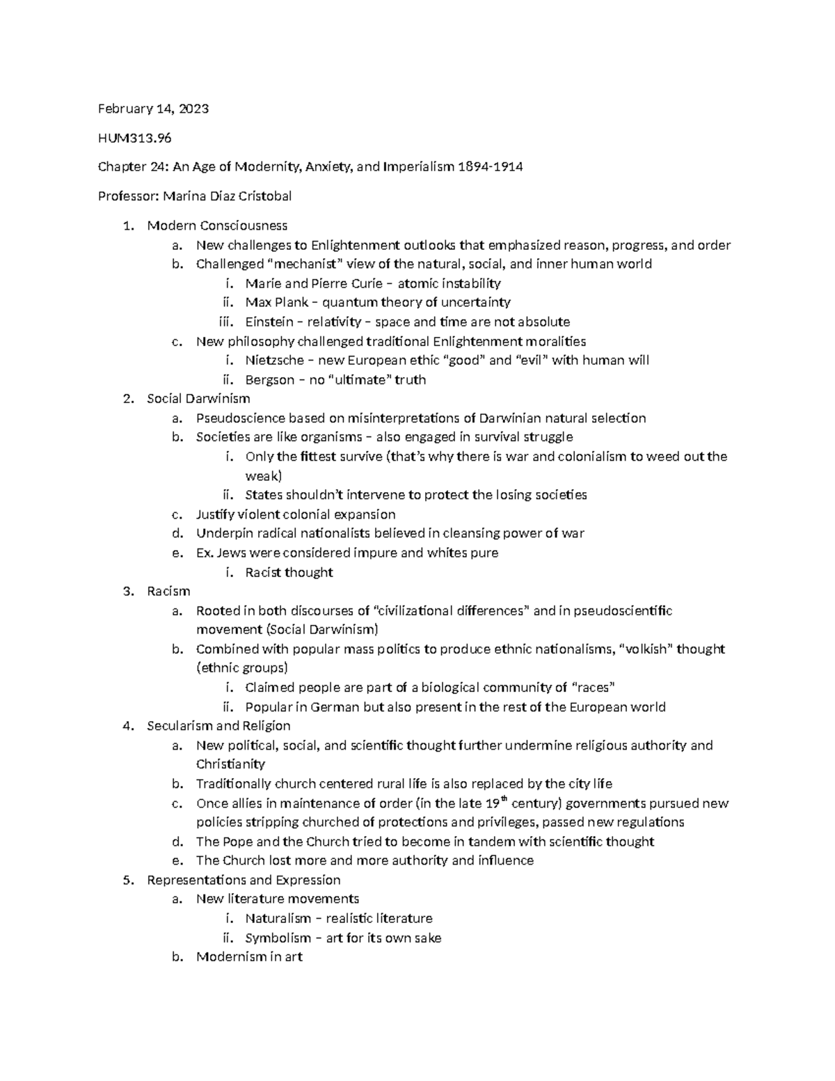 Lecture Notes Class 3 - February 14, 2023 HUM313. Chapter 24: An Age of ...