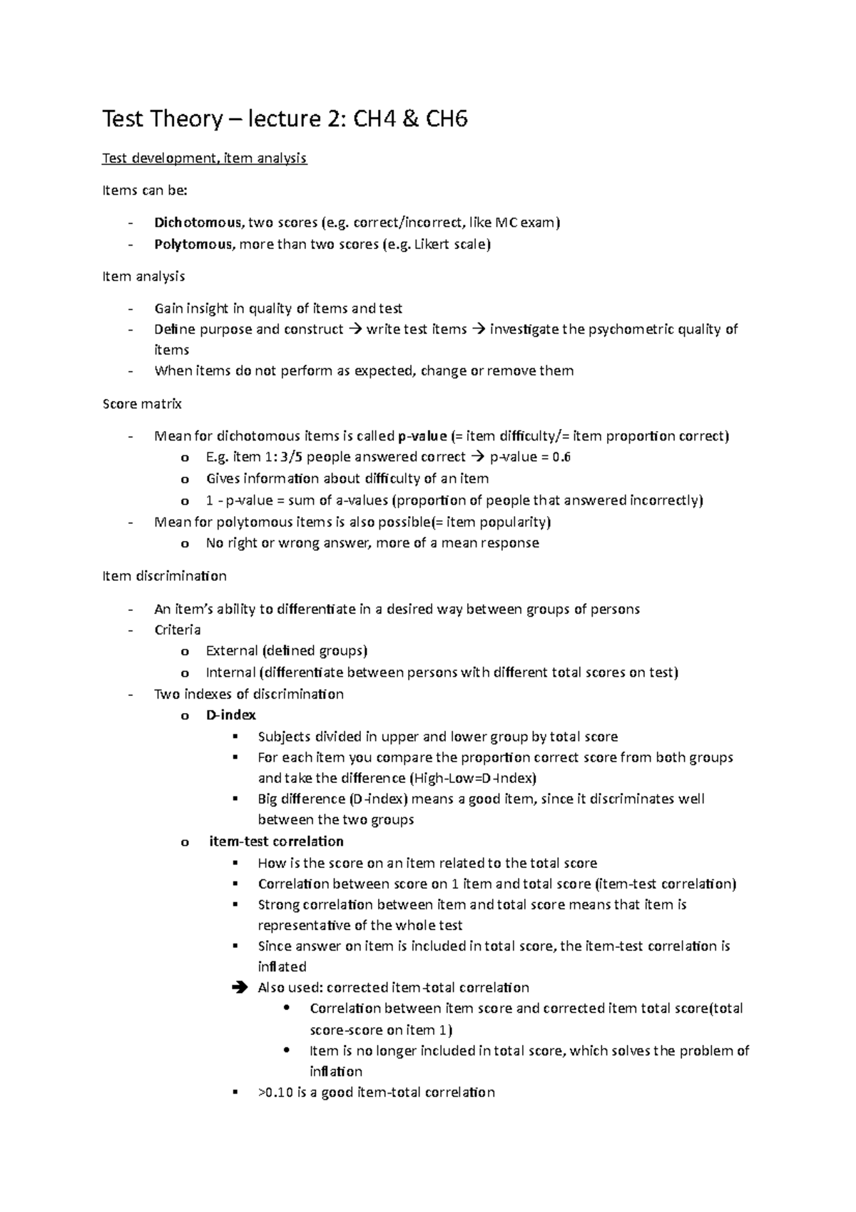 Lecture notes Test theory - Test Theory – lecture 2: CH4 & CH Test ...