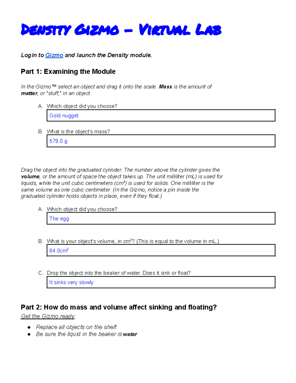 Density Gizmo Virtual Lab Density Gizmo Virtual Lab Login to Gizmo