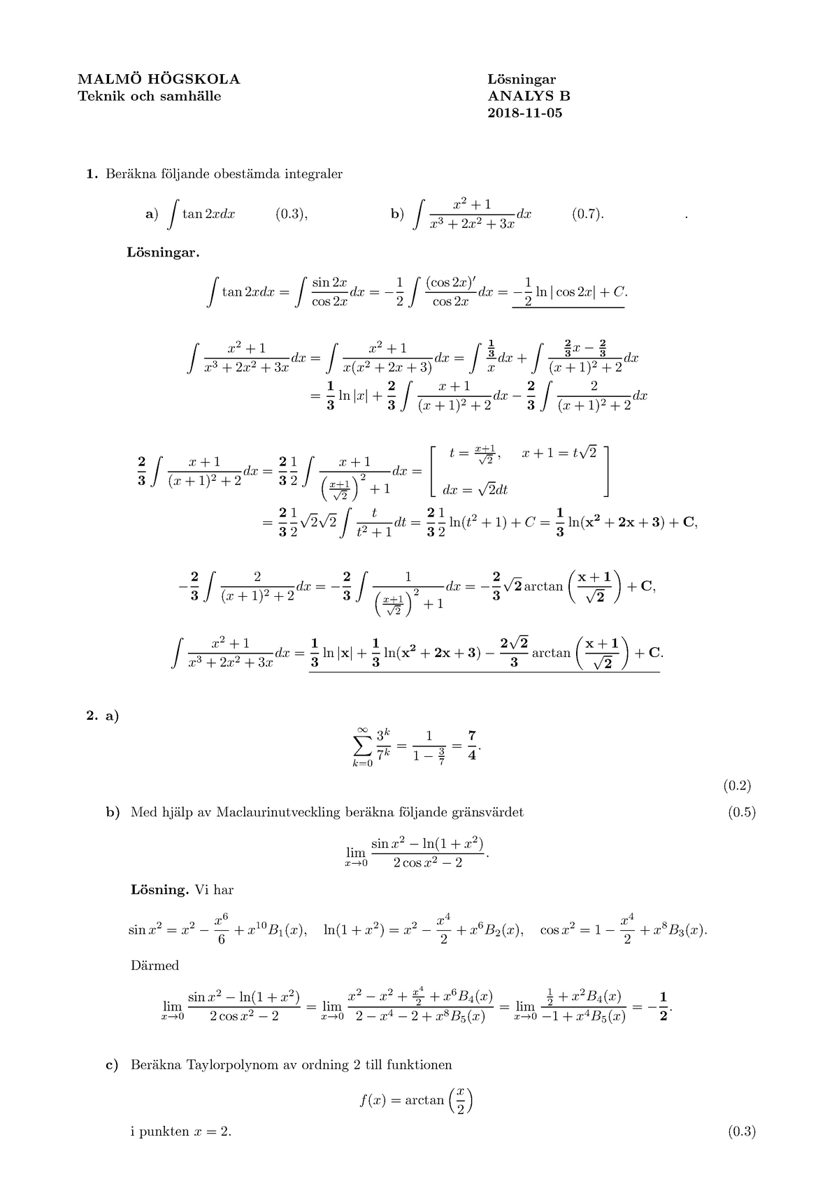 Analys B Tenta Och Lösningar 2018 11 05 - MALMÖ HÖGSKOLA Lösningar ...