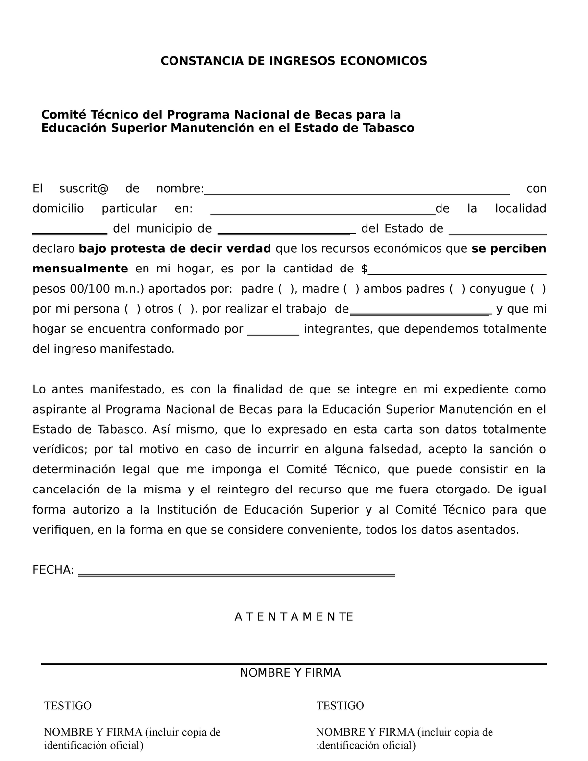 Constancia Ingresos Constancia De Ingresos Economicos Comité Técnico Del Programa Nacional De 4530