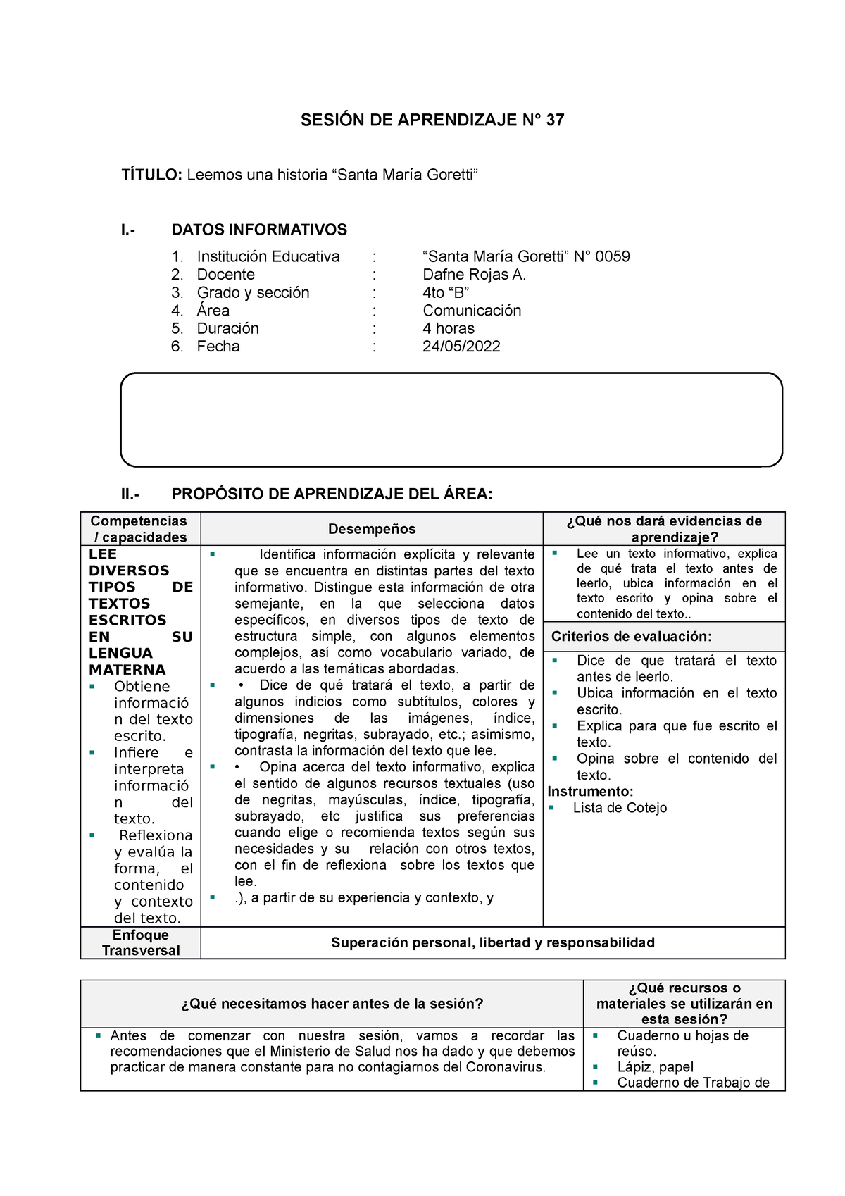 Sesion DE Aprendizaje Nº 37 - C - SESIÓN DE APRENDIZAJE N° 37 TÍTULO ...