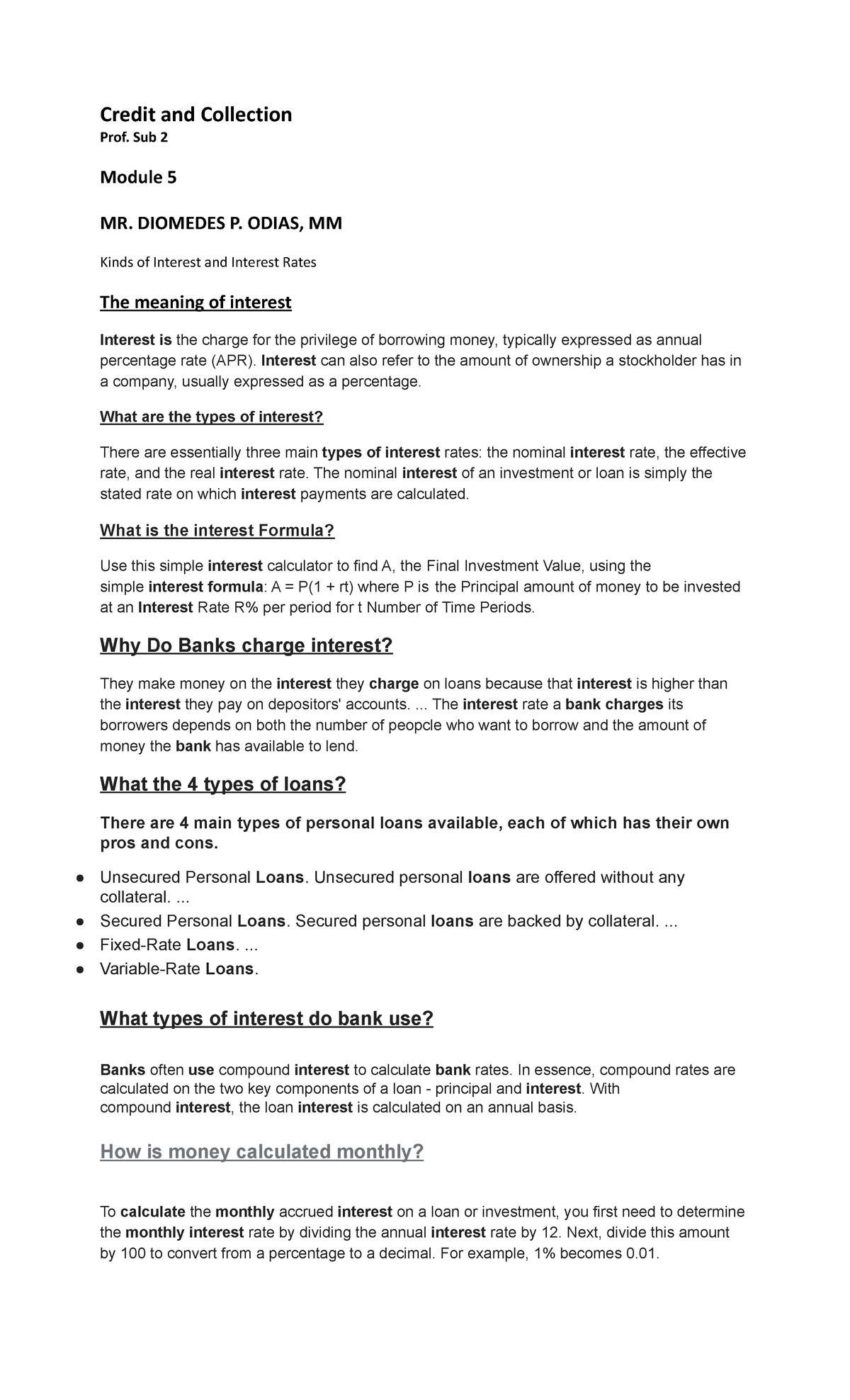 Module 5 Cre&Col - Credit and Collection Prof. Sub 2 Module 5 MR ...
