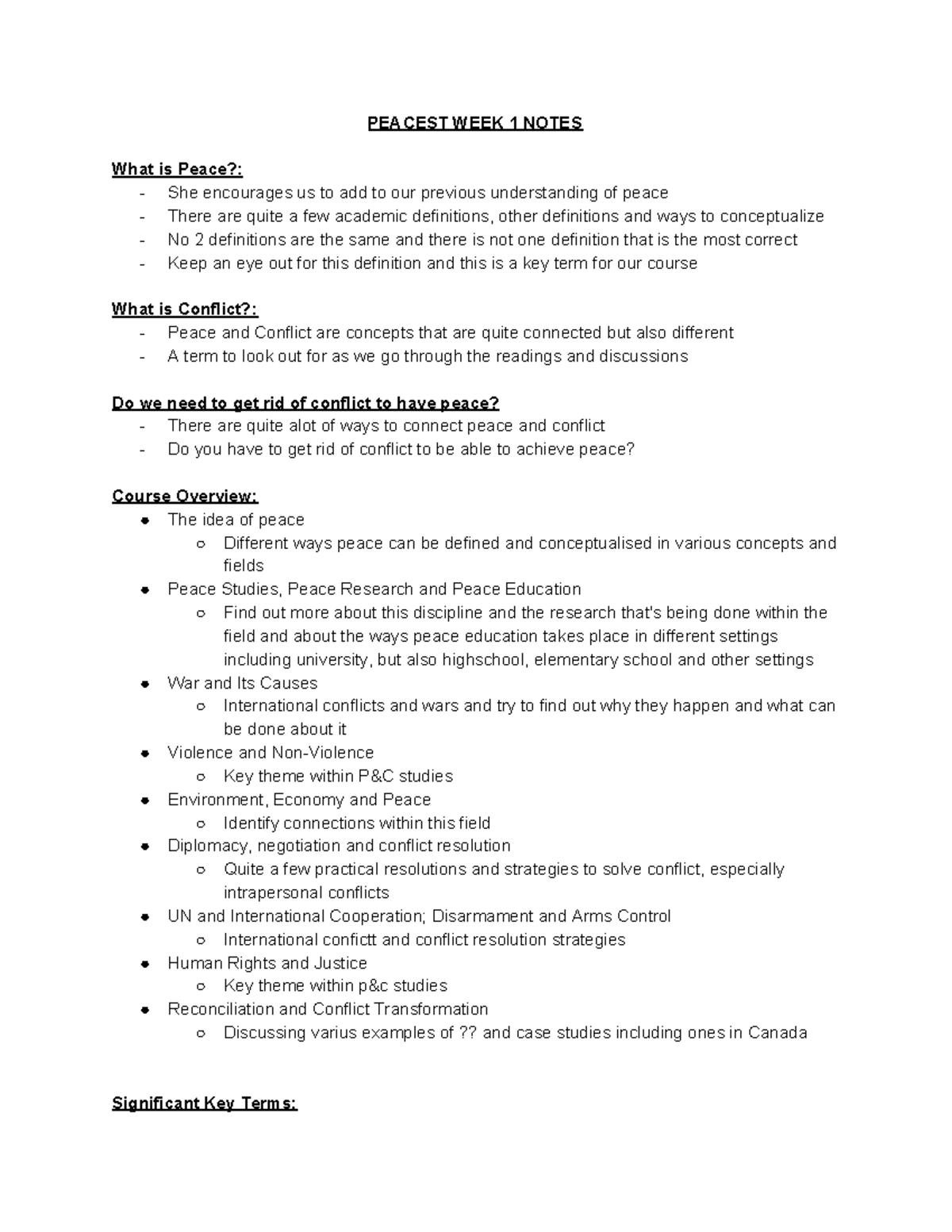 Peacest Week 1 Notes - PEACEST WEEK 1 NOTES What is Peace?: - She ...