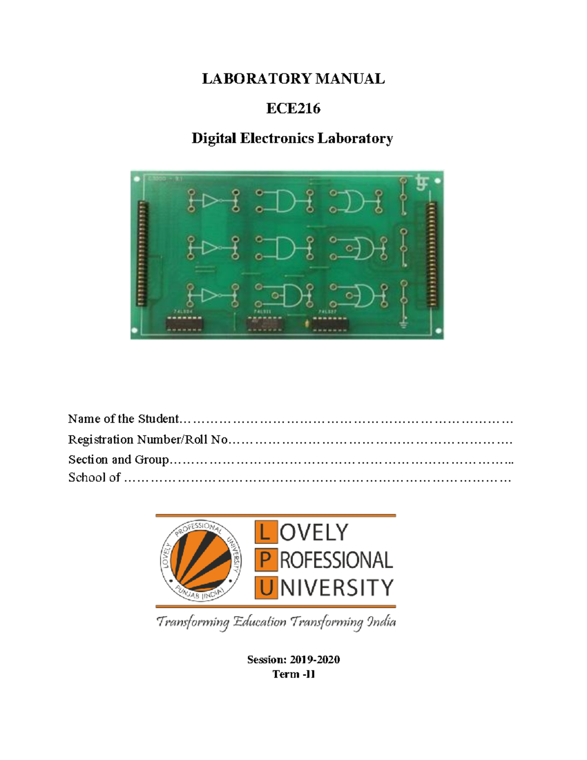 Lmece 216 LABORATORY MANUAL ECE Digital Electronics Laboratory Name