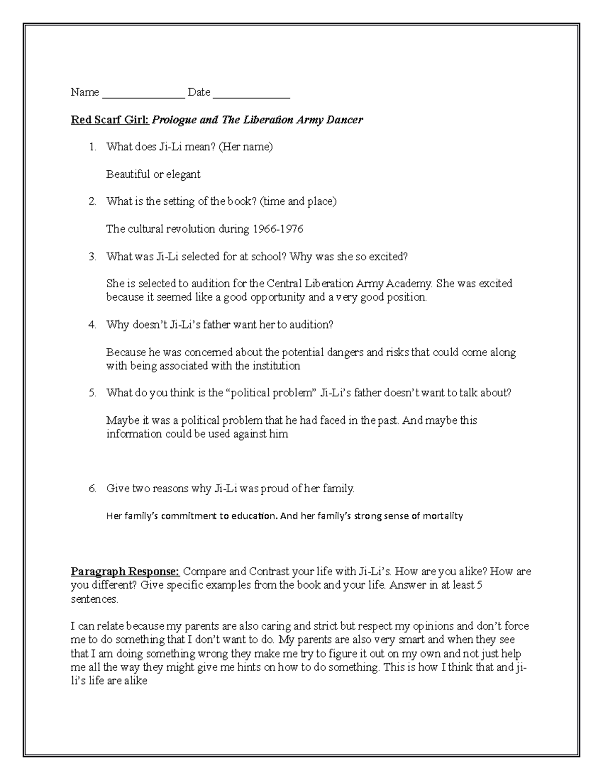 RSG Prologue Army Dancer Name ______________ Date _____________ Red