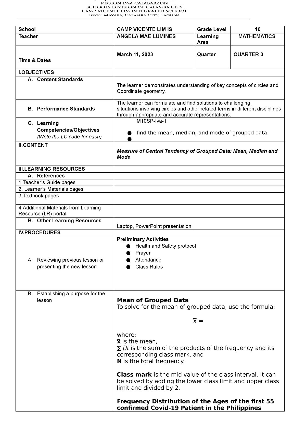 Q4 Group Data-Mean median mode DLP - School CAMP VICENTE LIM IS Grade ...