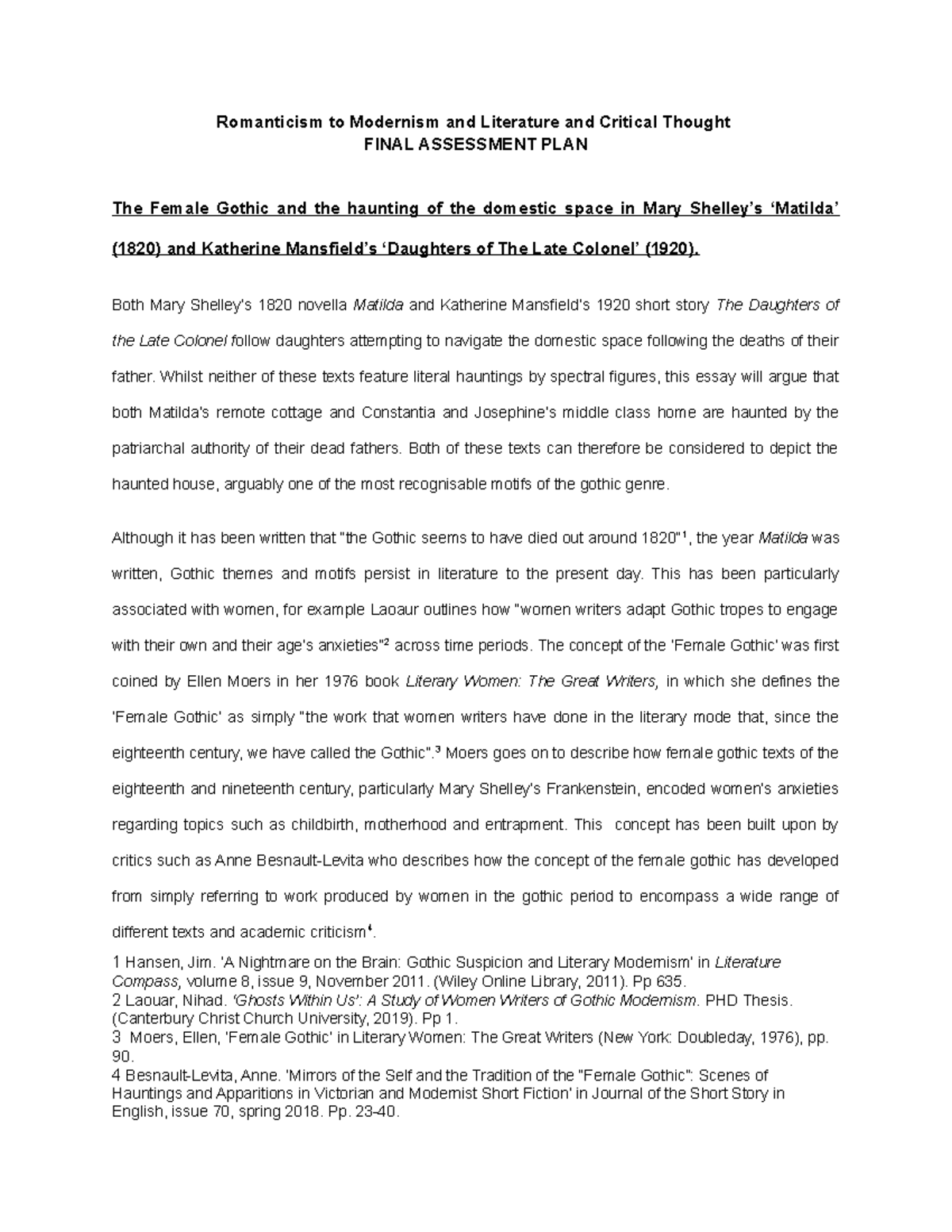 Shelley Mansfield Final Essay PLAN - Romanticism to Modernism and ...