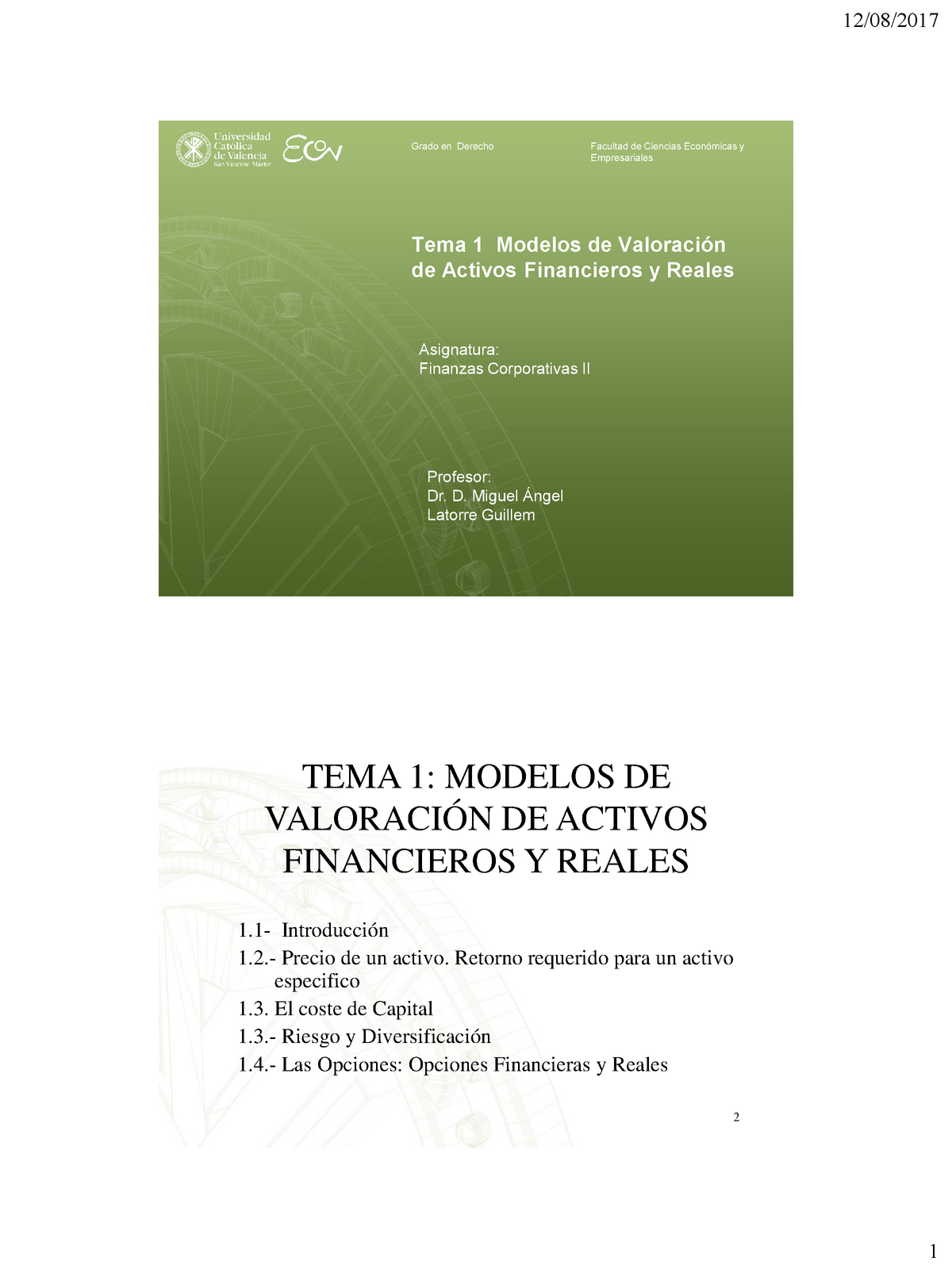 Tema 1 Modelo de Valoración de Activos Financieros y Reales - 12/08/2017  Grado en Derecho Facultad - Studocu