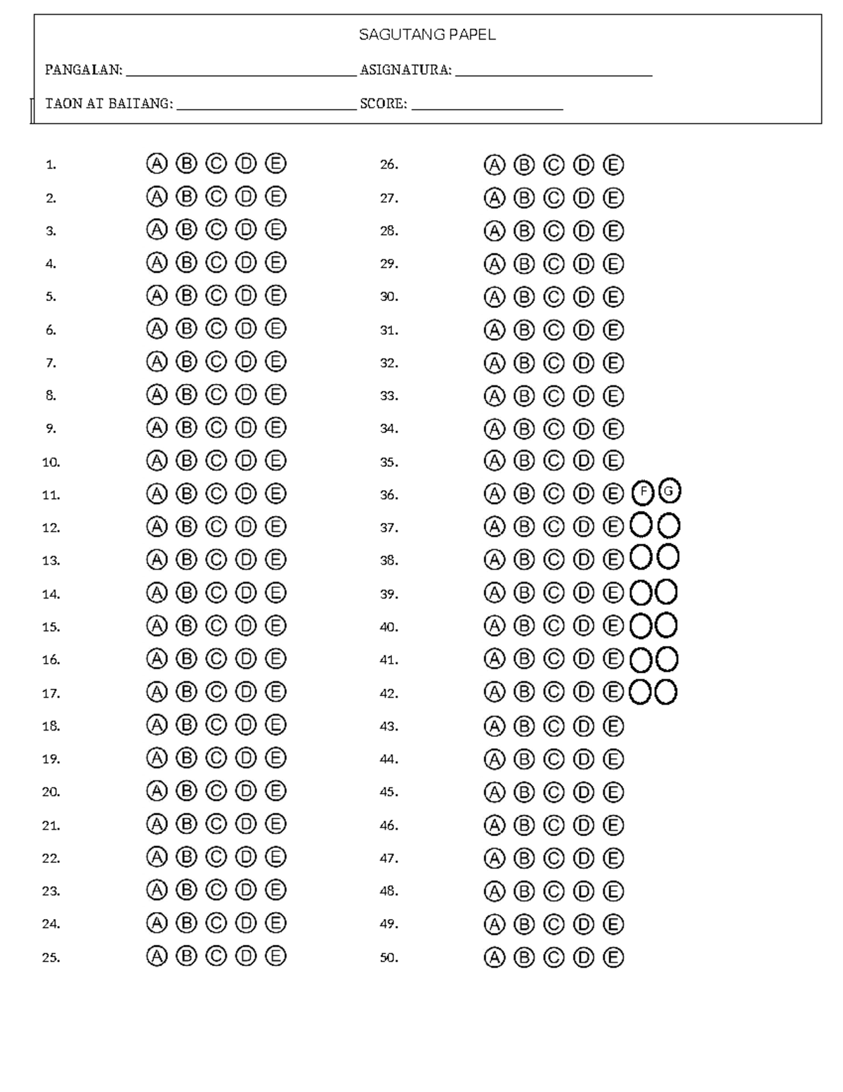 Answer Sheet IN TLE 9 - TEST EXAM Name ID Code Date 1. 26. 2. 27. 3. 28 ...