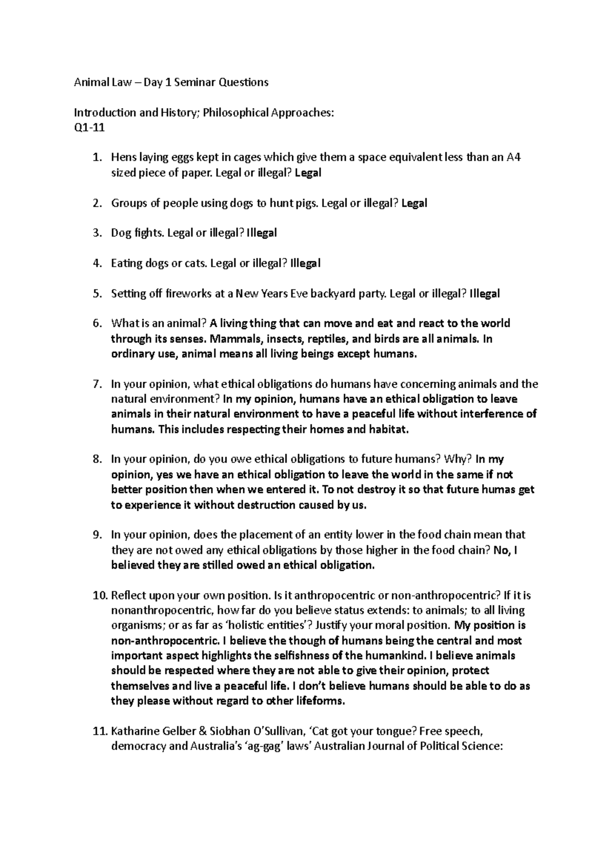 Q1 Animal Law Seminar Day 1 questions Animal Law Day 1 Seminar Questions Introduction and