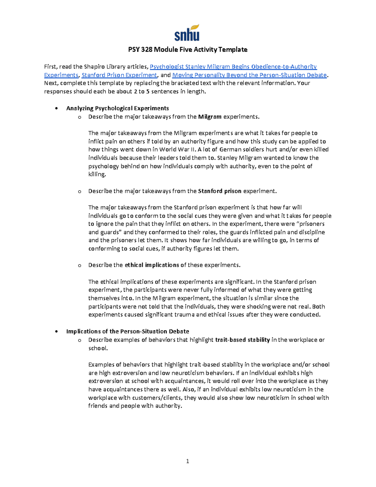 PSY 328 Module Five Assignment - 1 PSY 328 Module Five Activity ...