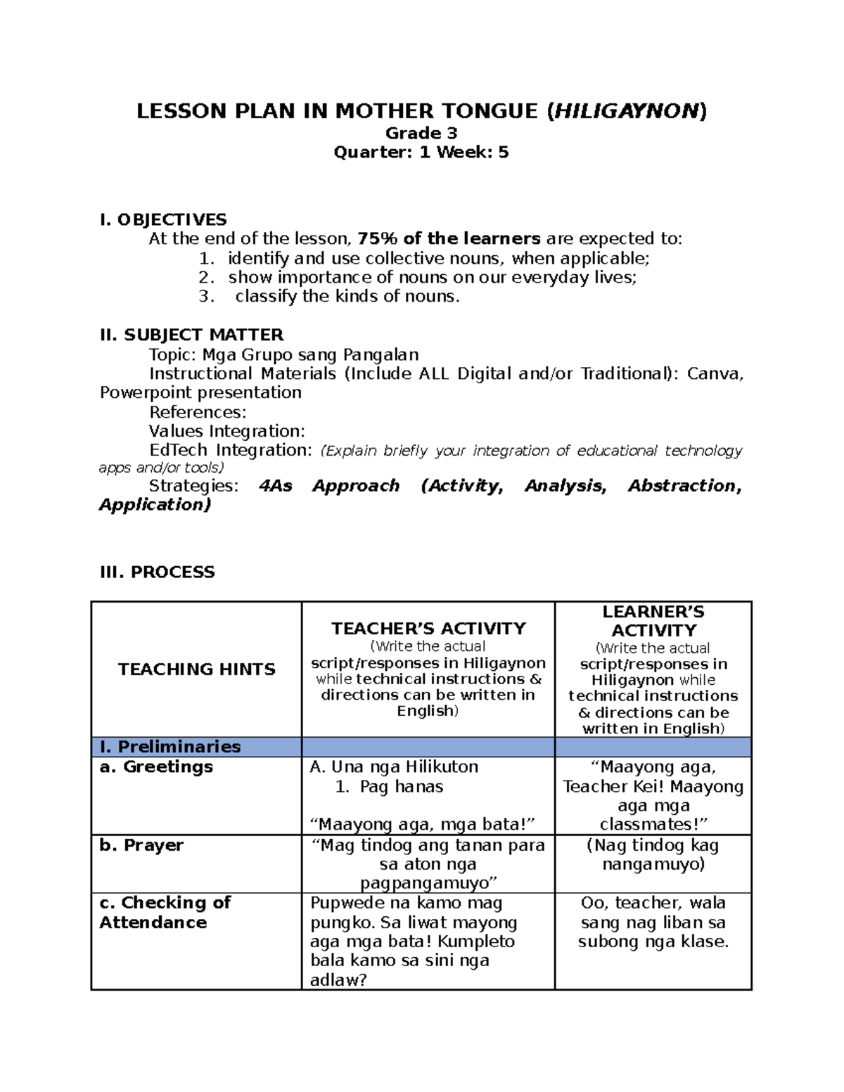 Lesson Plan In Mother Tongue Lesson Plan In Mother Tongue Hiligaynon ...