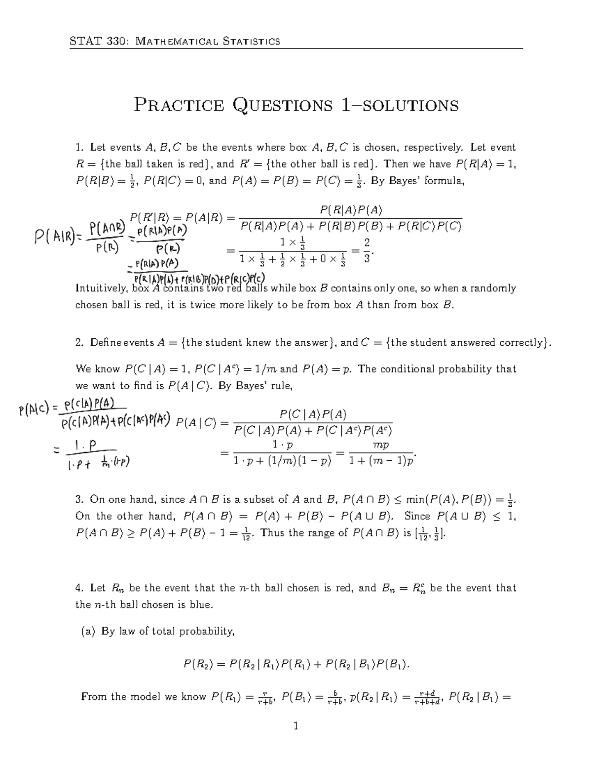 Stat330-practice questions 1 solutions s19 - STAT 330: Mathematical ...