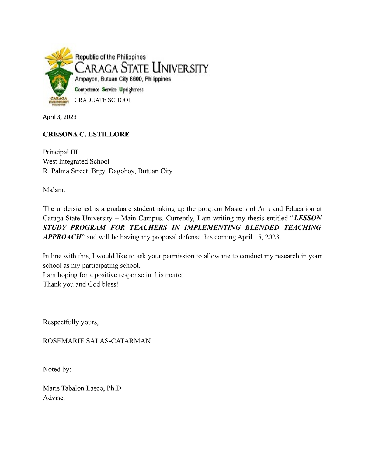 Letter for the principal - April 3, 2023 CRESONA C. ESTILLORE Principal ...