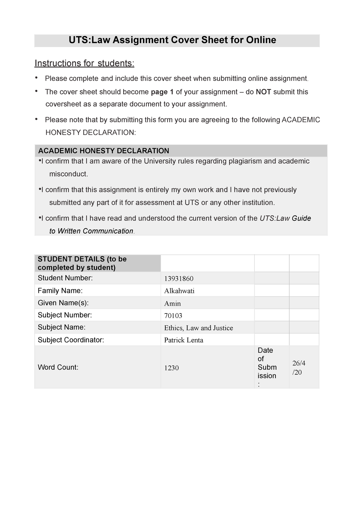 ELJ assessment 1 part b pdf - Instructions for s tudents: Please ...