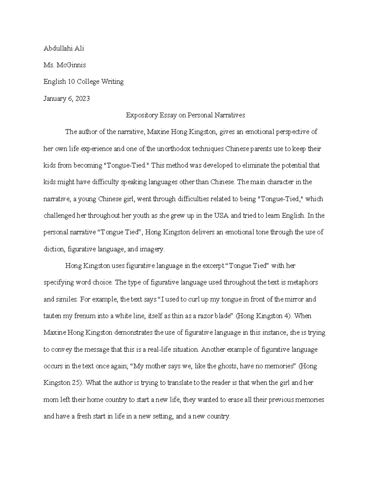 Expository Essay On Tounge Tied By Maxine Hong Kingston Abdullahi Ali