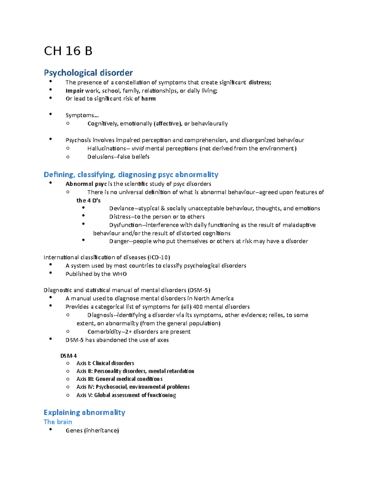 Chapter 16 Notes B - CH 16 B Psychological Disorder - Studocu