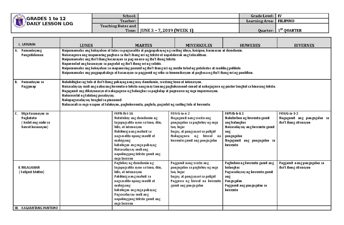 DLL Filipino-4 Q1 W1 - Hhiubc - GRADES 1 to 12 DAILY LESSON LOG School ...