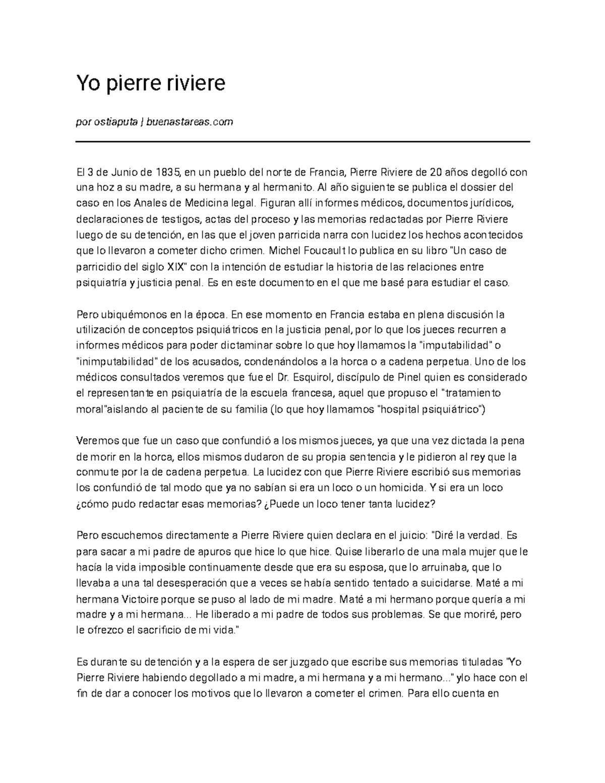 Yo pierre riviere Ensayos 683 Palabras Yo pierre riviere por