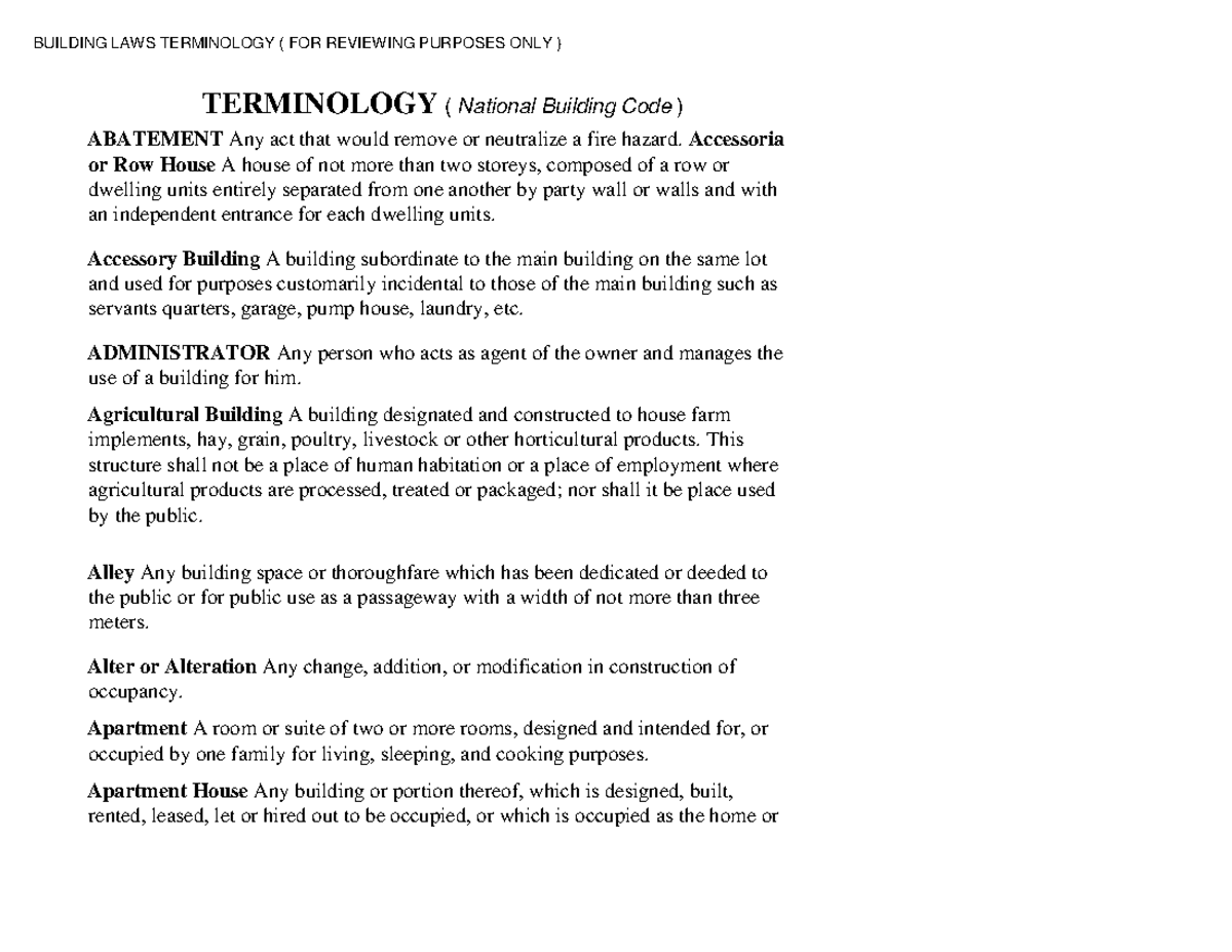 Building laws terminologies terminology national building code abatement any act that 