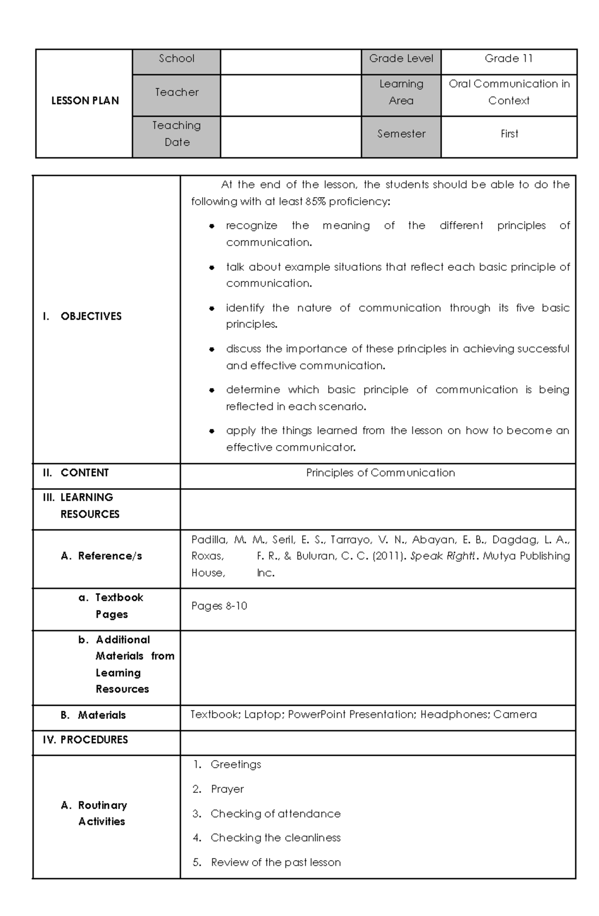 Lesson Plan - LESSON PLAN School Grade Level Grade 11 Teacher Learning ...