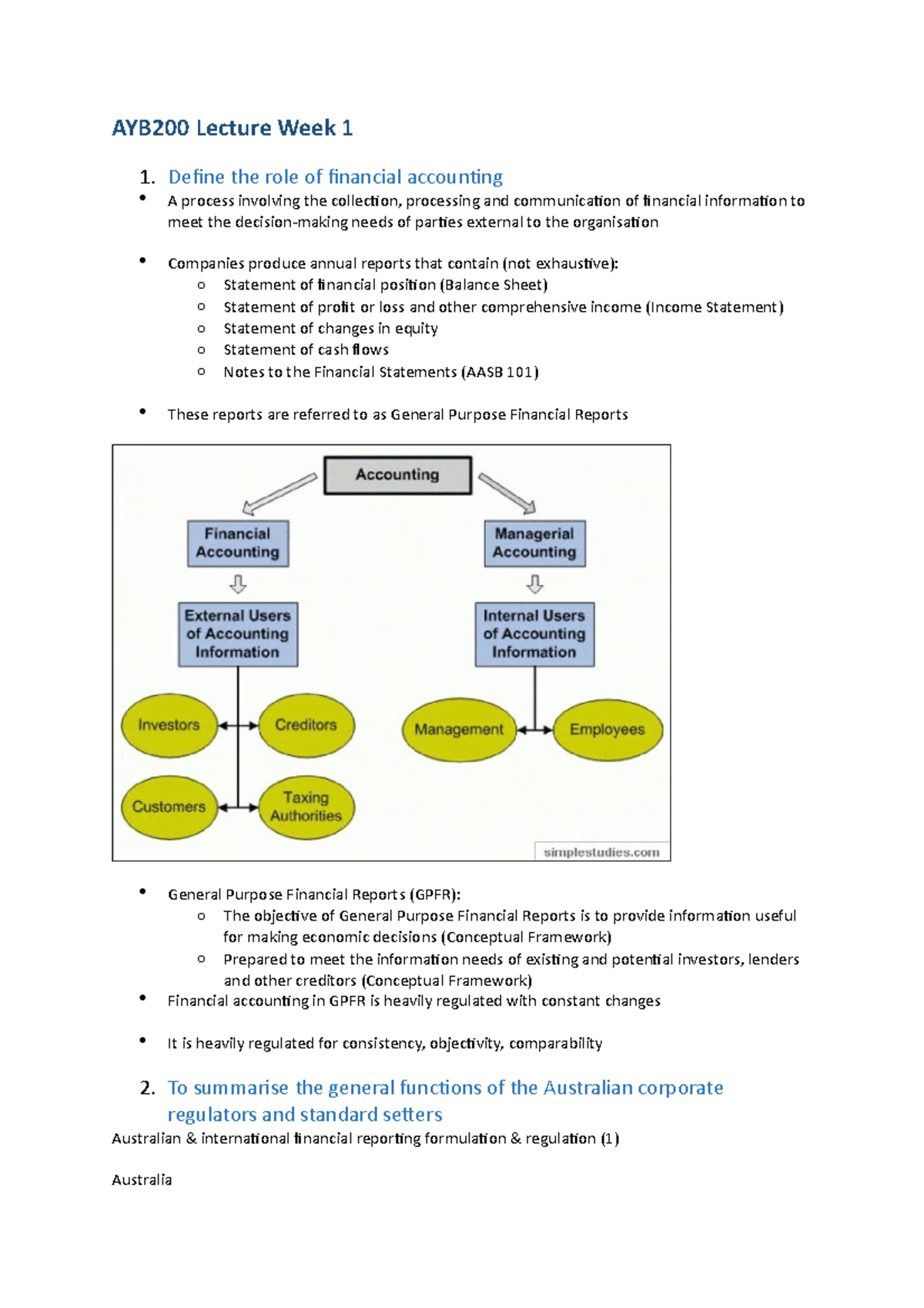 AYB200- Quiz notes - AYB200 Lecture Week 1 1. Define the role of ...