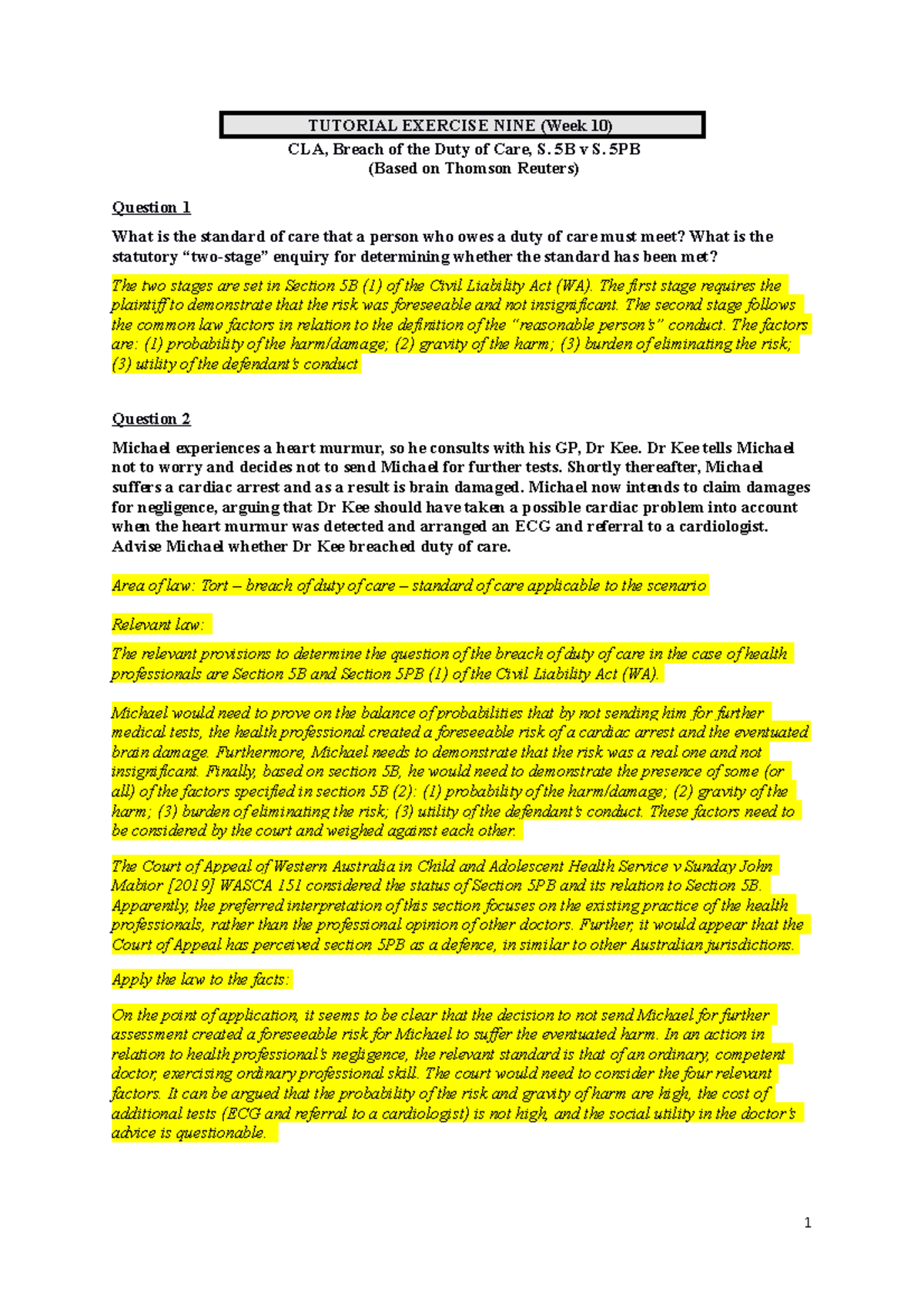 Tutorial Exercise NINE (Week 10 Suggested Solution) - ACCT1101 - UWA ...