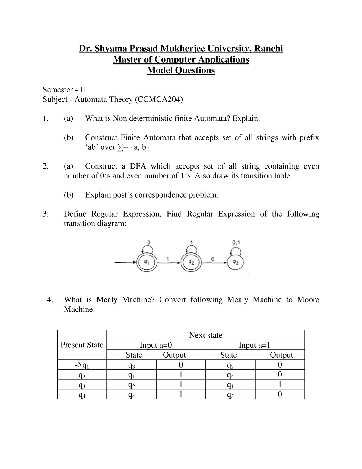 Model Questions Automata Theory MCA - Dr. Shyama Prasad Mukherjee ...