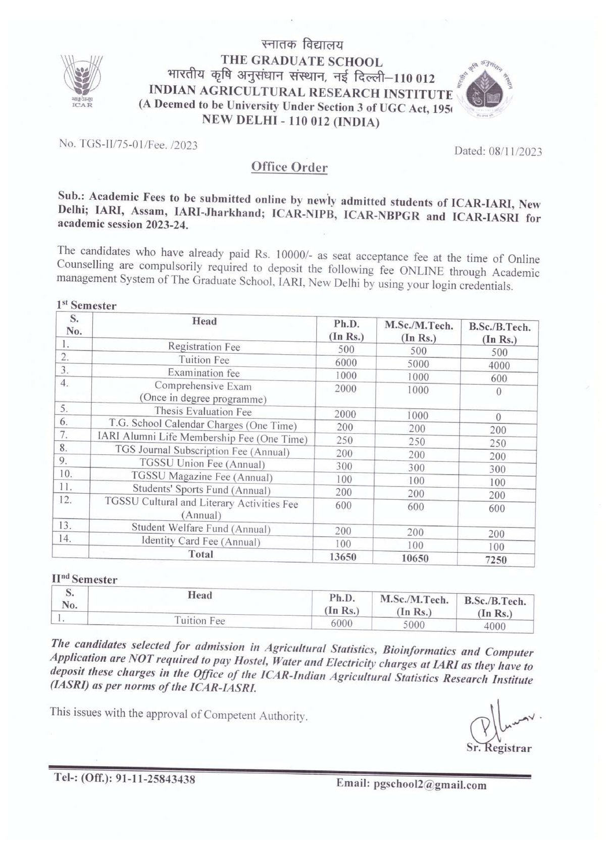 Academic And Hostel Fees Structure At IARI And Sister Institutes For Academic Session 2023-24 (3 ...