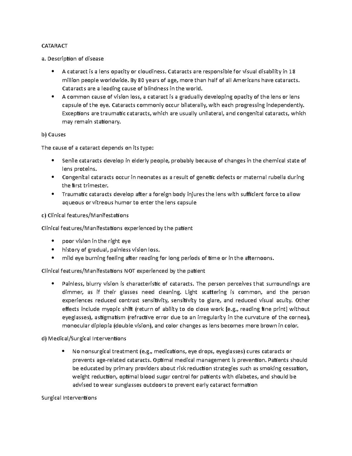 Cataract - CATARACT a. Description of disease A cataract is a lens ...