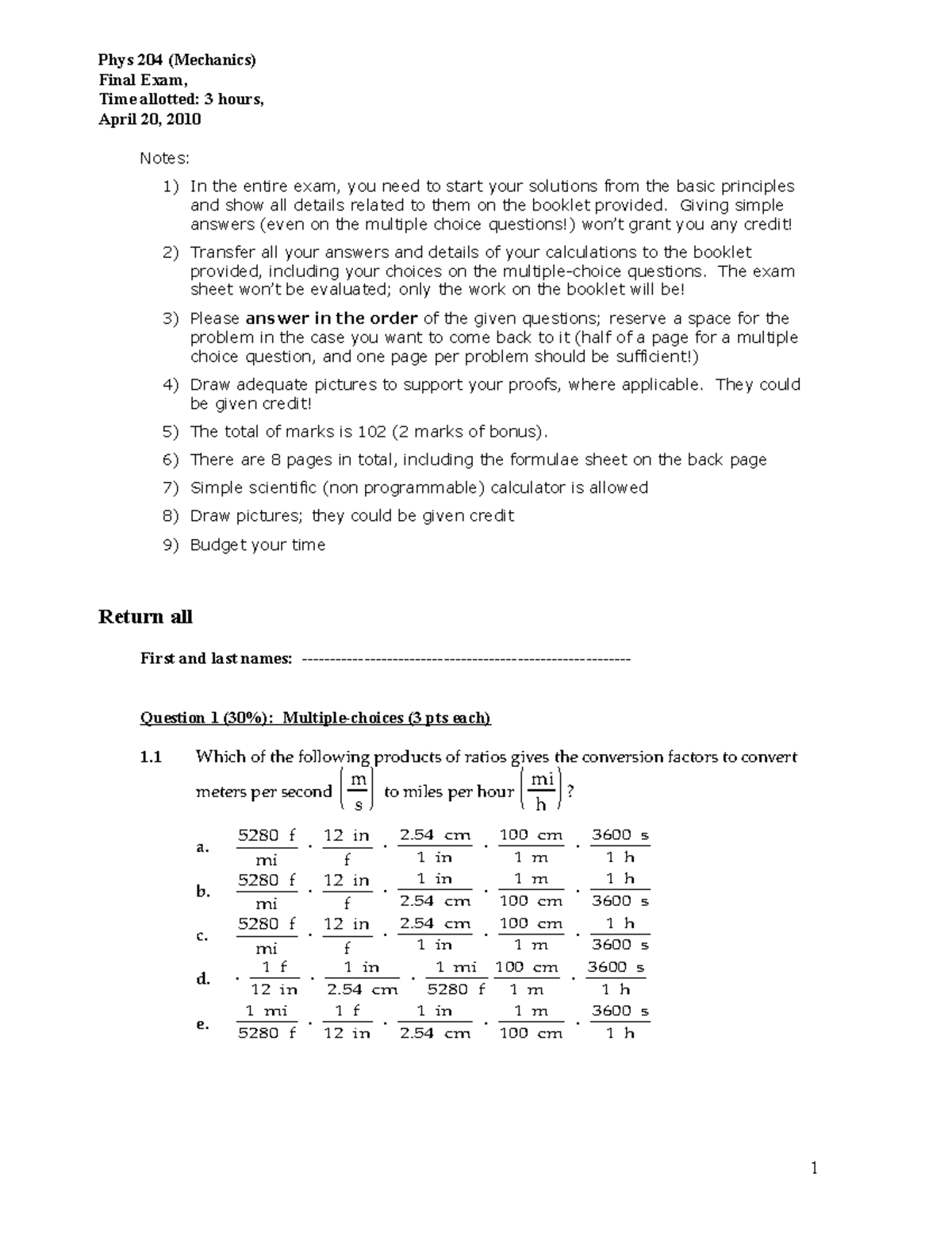 Final exam 2010, questions - Phys 204 (Mechanics) Final Exam, Time ...