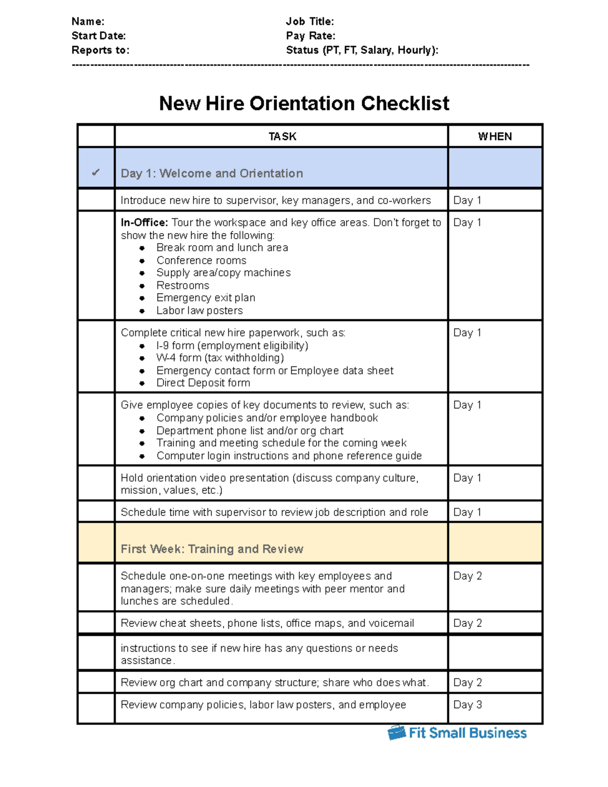 New Hire Orientation Checklist - Name: Start Date: Reports to: Job ...