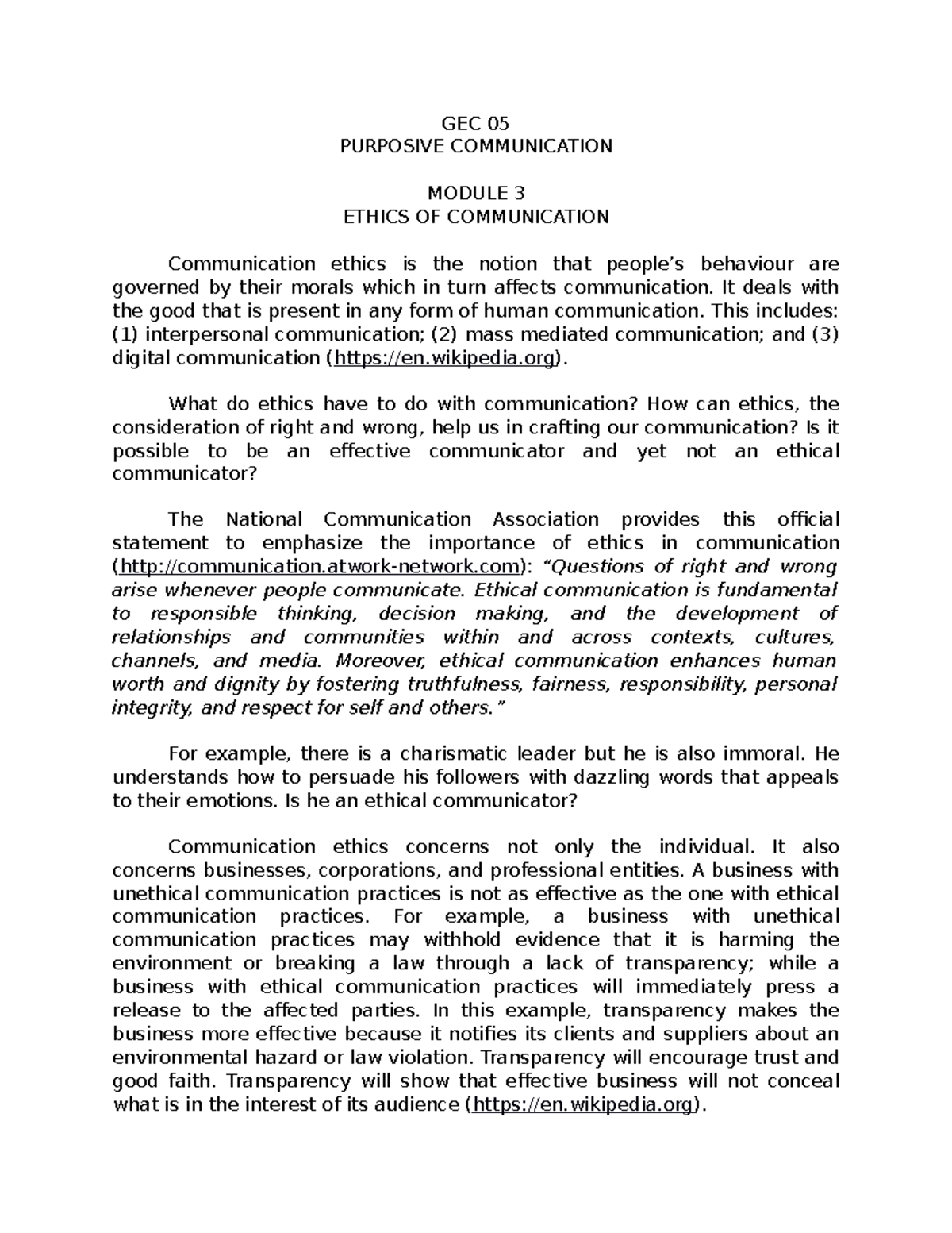 Purposive Communication Ethics Of Communication GEC 05 PURPOSIVE