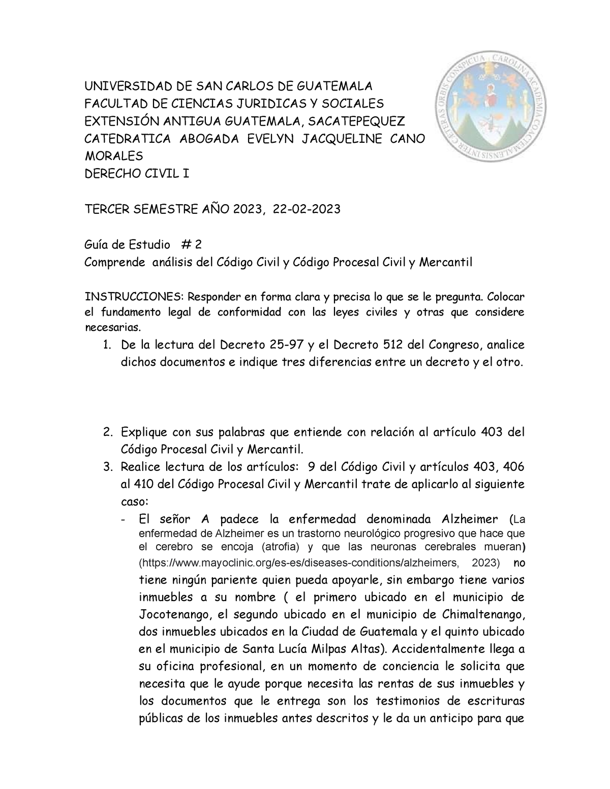Guia Numero 2 Derecho Civil I 2023 Codigo Civil Y Cpcym - UNIVERSIDAD ...