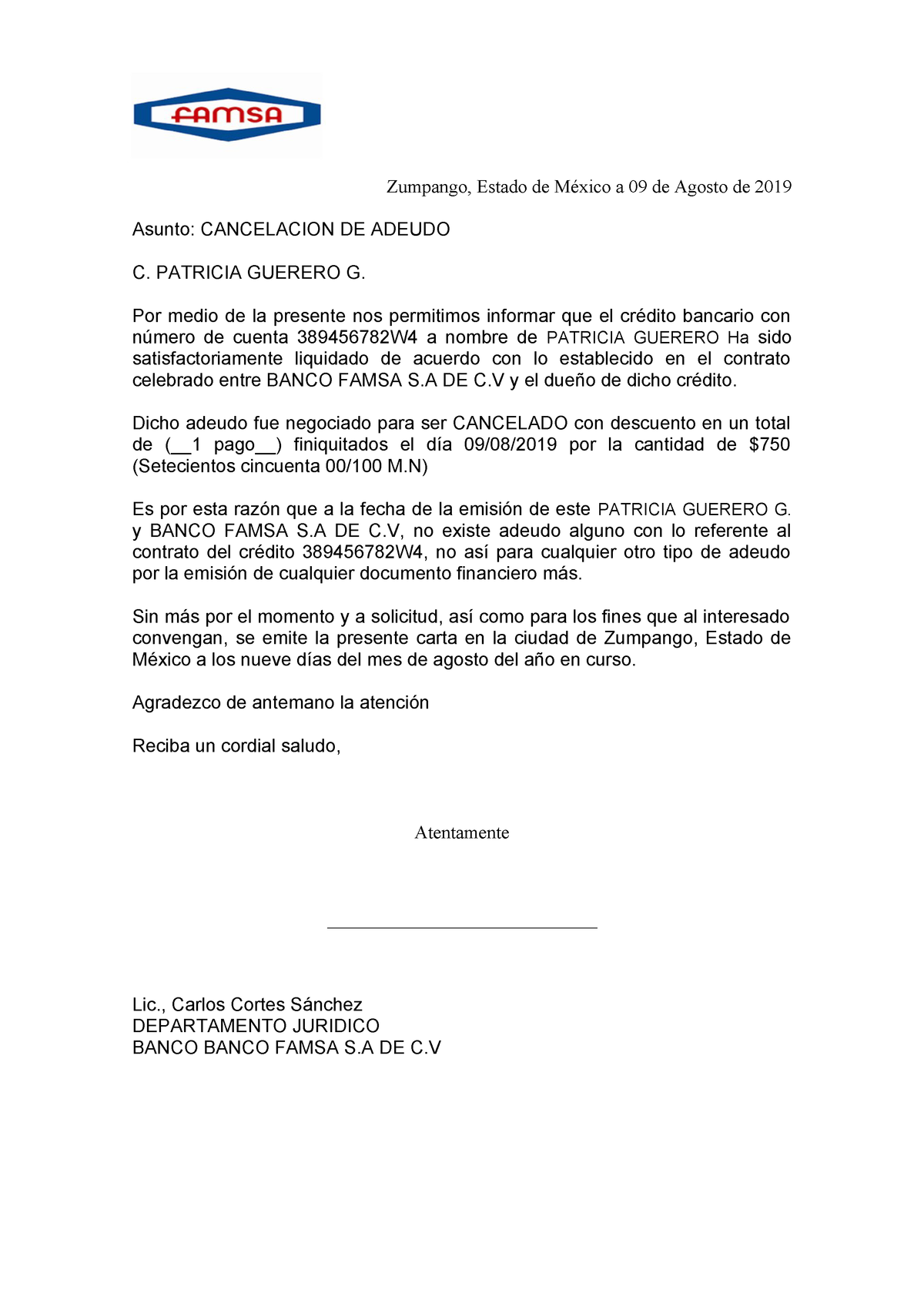 Carta-finiquito - Nota: 8 - DERECHO ROMANO 123 - CUGS 