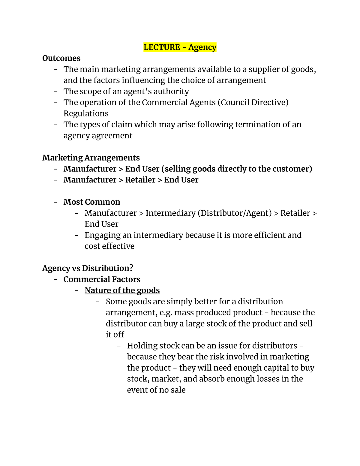 Commercial Law WS6 Notes - LECTURE - Agency Outcomes The Main Marketing ...