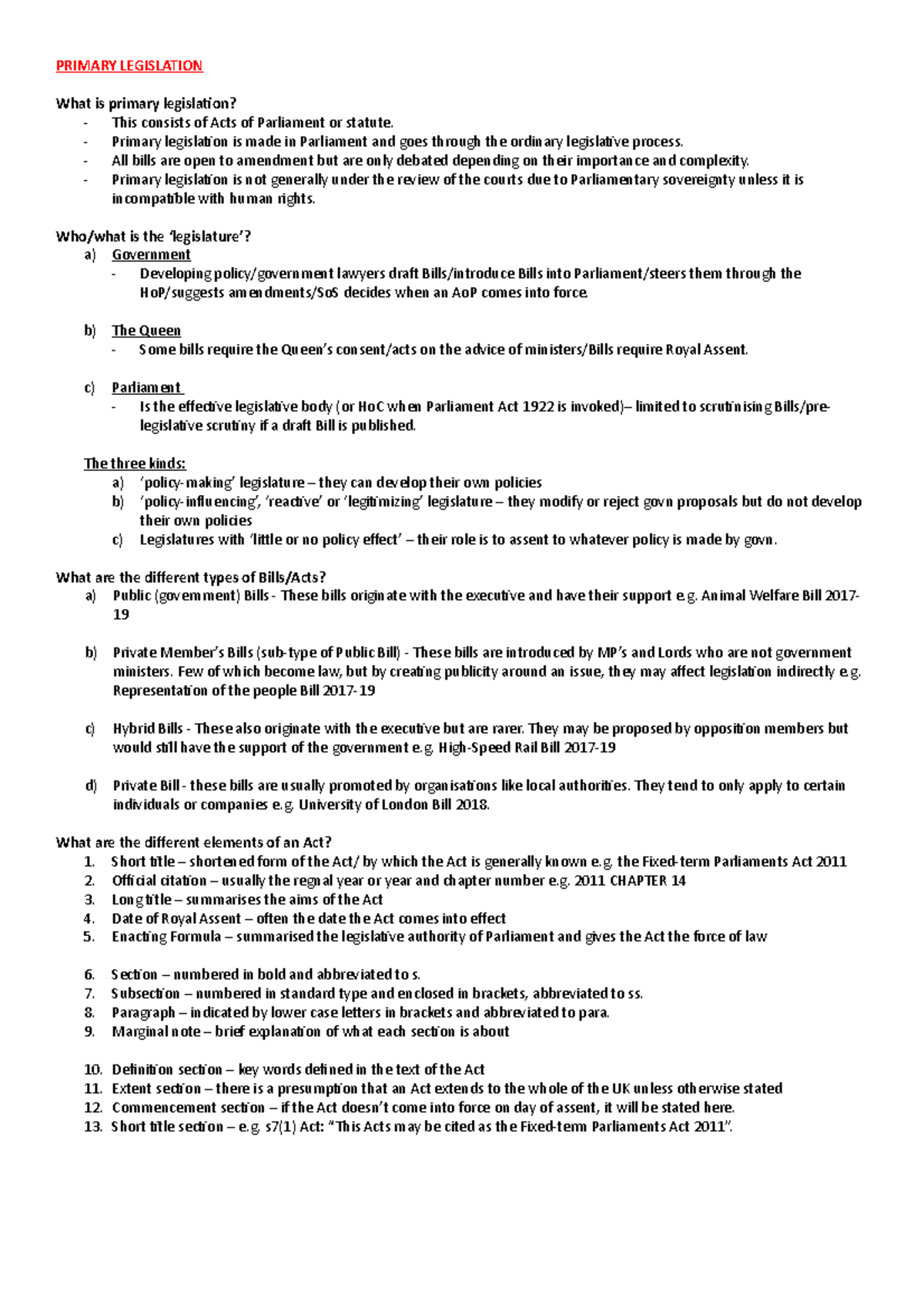 Primary Legislation: Acts of Parliament and Legislative Process - Studocu