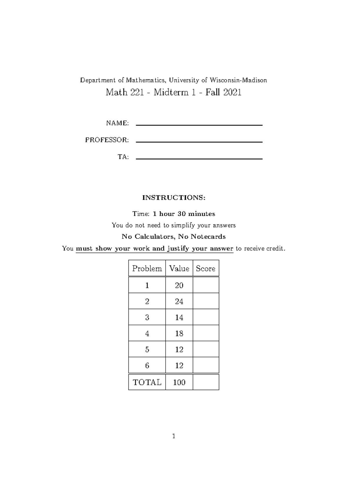 Fall 2021 - midterm 1 - Old practice exam with correct work and answers ...