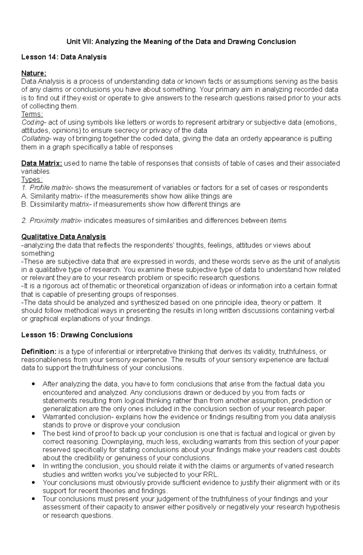 Handout for Unit VII - Lecture notes 7 - Unit VII: Analyzing the ...