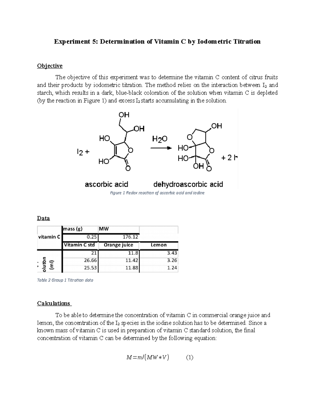 CHEM 247 Lab 5 Report Experiment 5 Determination of Vitamin C by Iodometric Titration