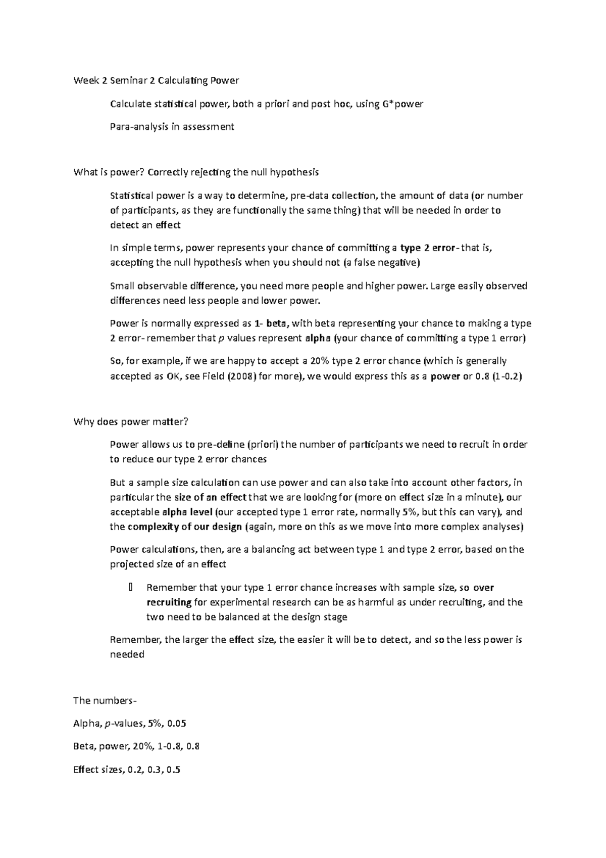 Seminar 2 Calculating Power - Week 2 Seminar 2 Calculating Power ...