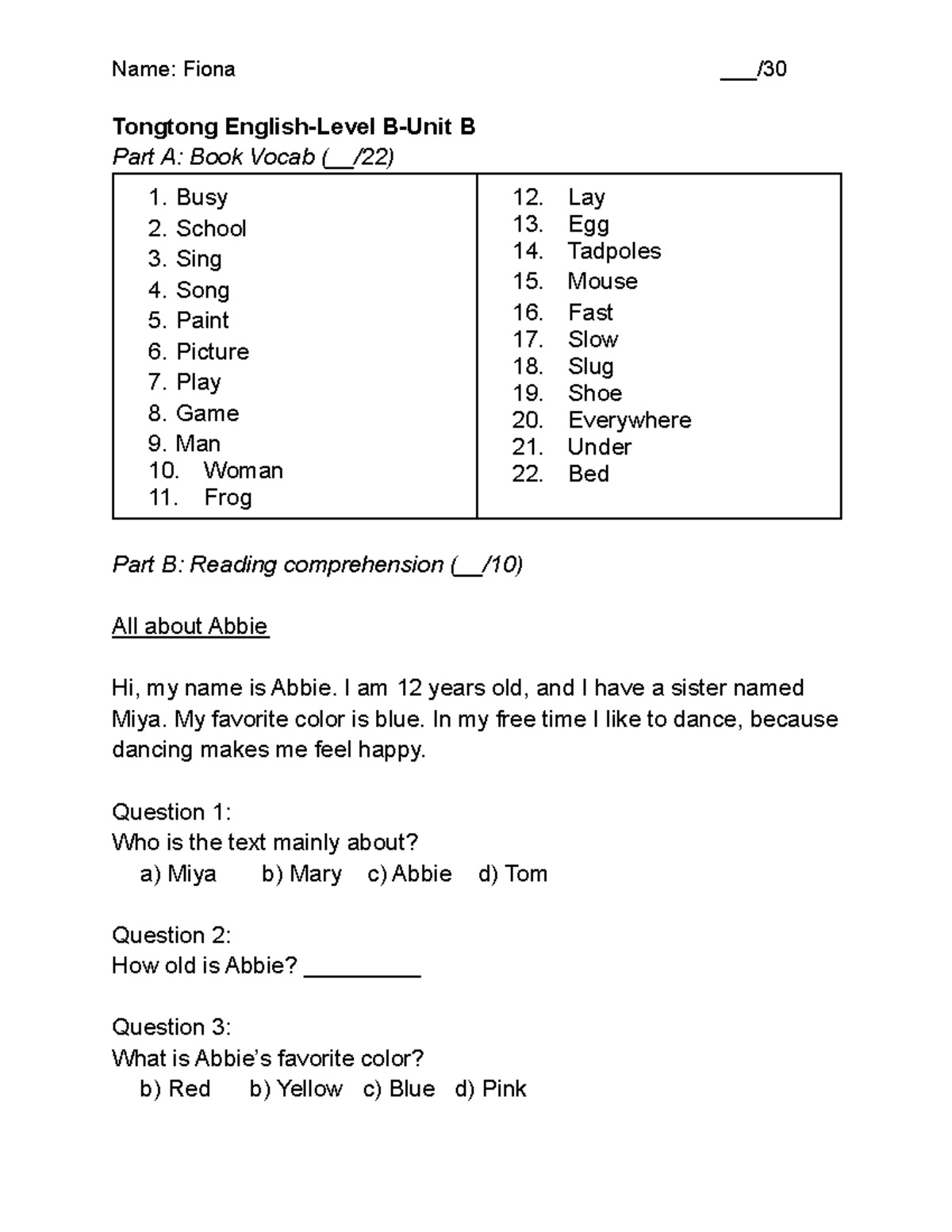 Fiona- Level C-Unit A - Name: Fiona ___/ Tongtong English-Level B-Unit ...