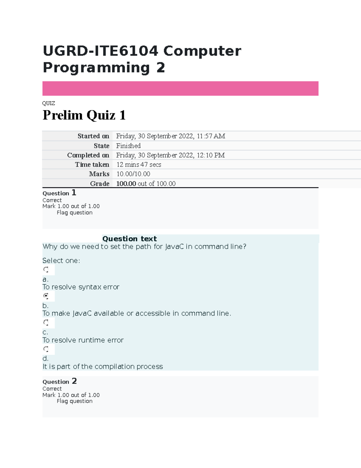 ITE6104 Computer Programming 2 Prelim TO Final QUIZ - UGRD-ITE6104 ...