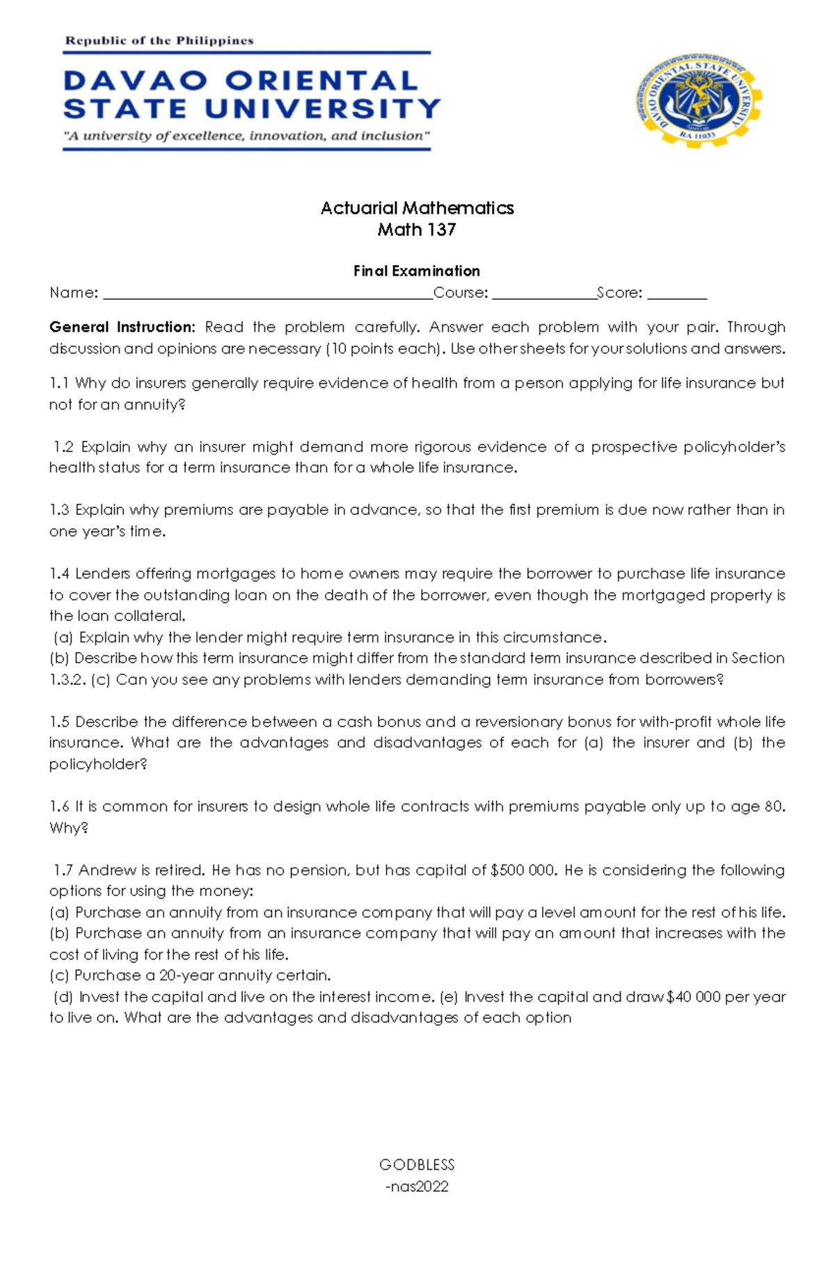Math 137 Final Exam - Actuarial Mathematics - NIKKA AGBAS-SINGH. MSC ...