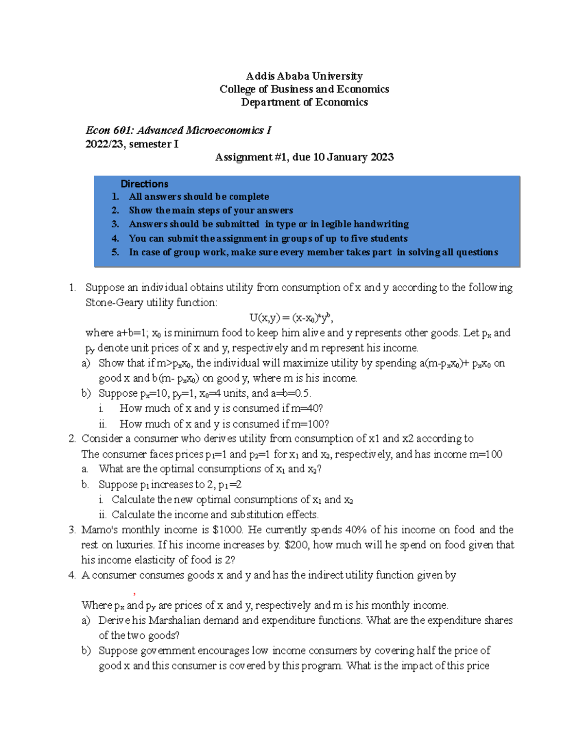 Econ 601.202 2.23 Assignment 1 - Addis Ababa University College Of ...