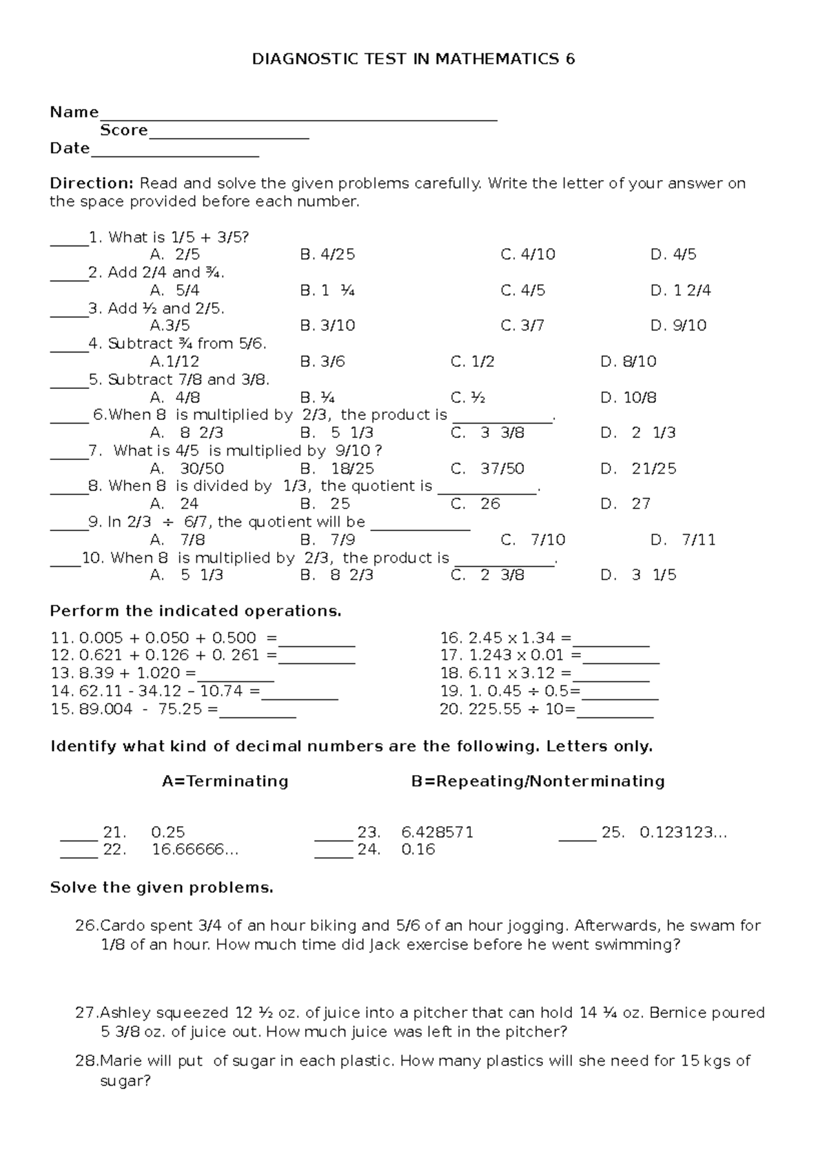 Pre-test Mathematics 6 - 2022-2023 - Diagnostic Test In Mathematics 6 