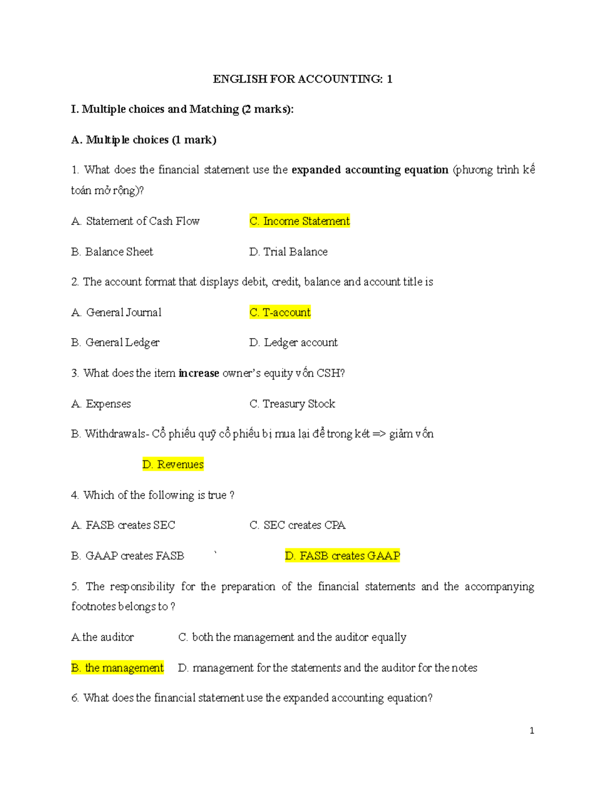 Ex1 english accounting - ENGLISH FOR ACCOUNTING: 1 I. Multiple choices ...